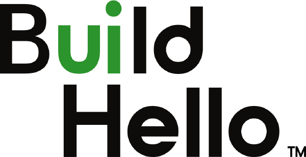 Build Hello custom logo designed in Inkscape - redesigned in Figma - the simple sleek logo features nordique pro font designed by andrea leksen, recently purchased by Lego Group. Tasteful simple color selection with emerald green suggesting UI brilliance and welcoming message for prosperous and productive small businesses embracing new clients.