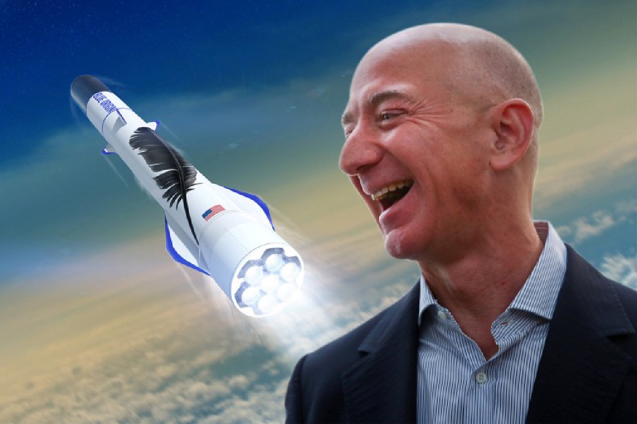 Jeff Bezos laughing with rocket in the background