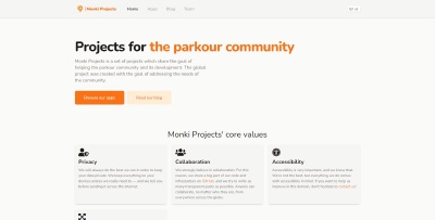 Image - home page Monki Projects, parkour community, built on HUGO.
