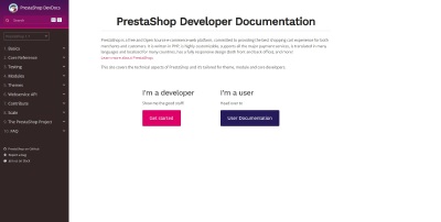 Image of devdocs\.prestashop\.com home page, another great website made with HUGO SWG.