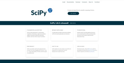 Image of SciPy home page, fundamental algorithms website, made with HUGO CMS, not angular.js or next.js